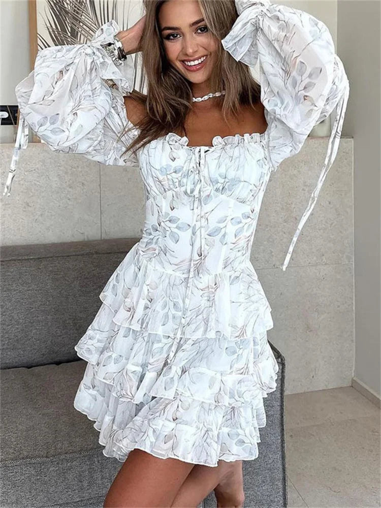 LIZAKOSHT  -  Ruffled Printed Lace-Up Mini Dress Female Square Collar Patchwork Elegant Contrast Party Dress Clothes Women Bodycon Dress