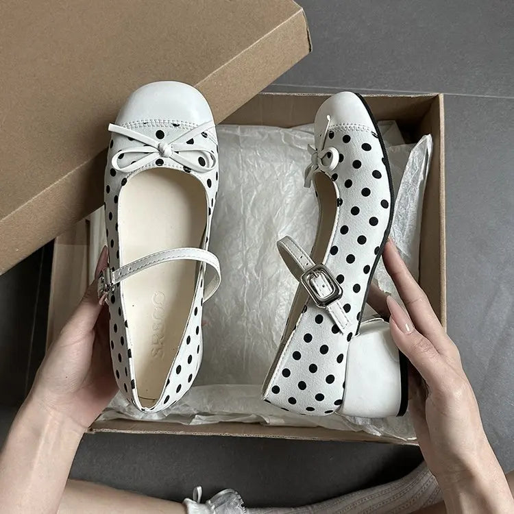 LIZAKOSHT  -  Cute Polka Dot Thick Heel Women Mary Jane Shoes Designer Buckle Strap Pumps Ladies Eelgant Butterfly-knot Dress Single Shoes