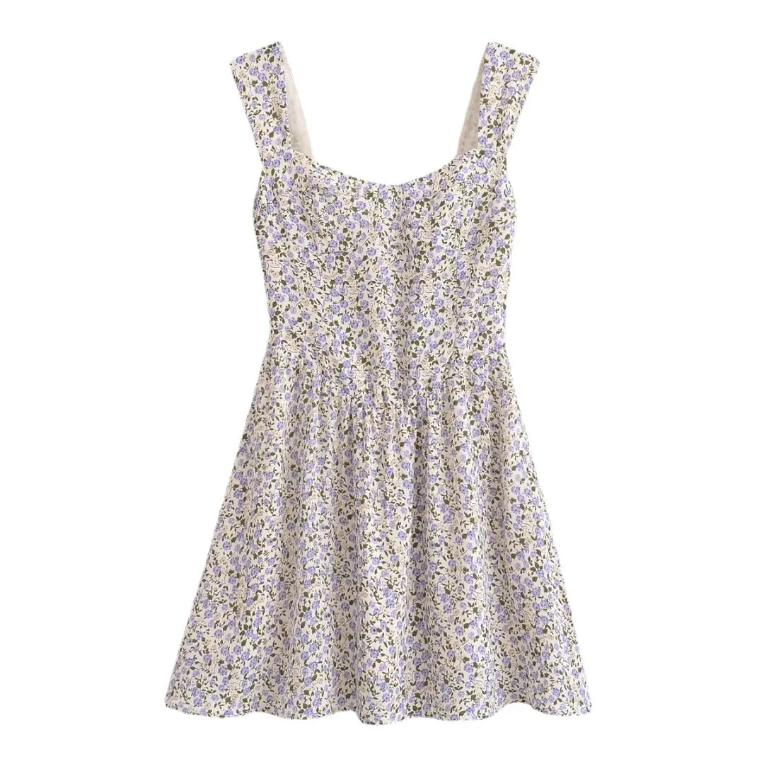 LIZAKOSHT  -  European and American Style Women's New Floral Print Heart-shaped Collar Waist Slim Strap Dress