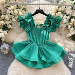 LIZAKOSHT  -  European Goods Small Shirt Explosion Heavy Pressed Ruffled Edge Halter Chiffon Shirt Slim Short Ruffled Swing Top Woman Tops