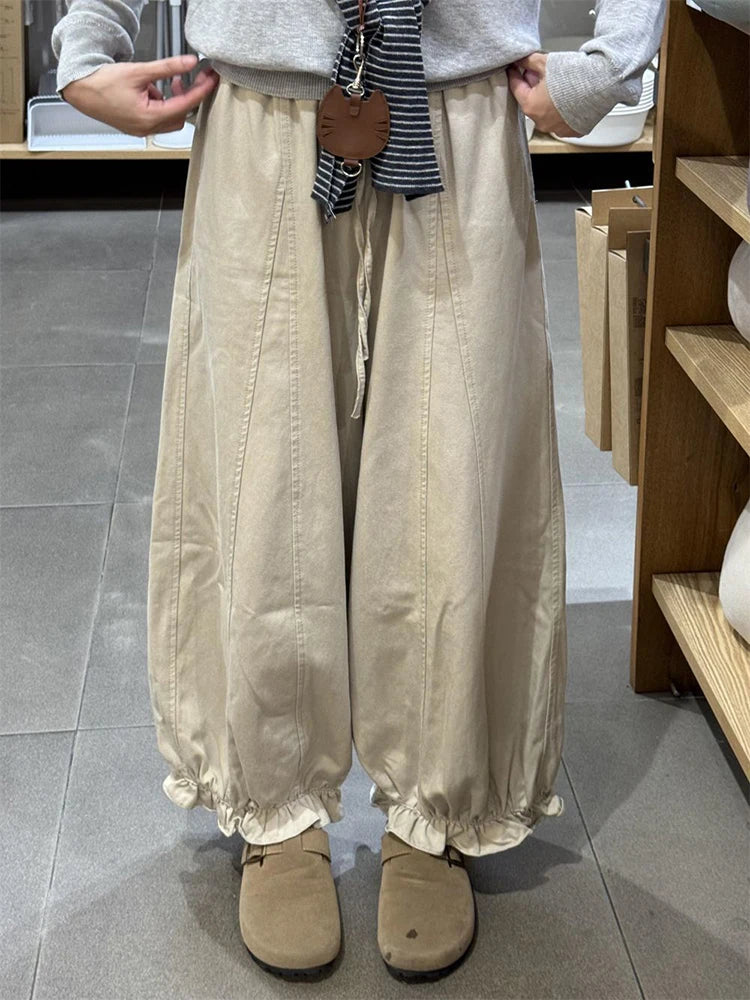 LIZAKOSHT  -  Casual Sweet Bloomers Pants Women High Waist Loose Vintage Ruffle Wide Leg Trouser All Match Lace Up Solid Harajuku Harem Pants
