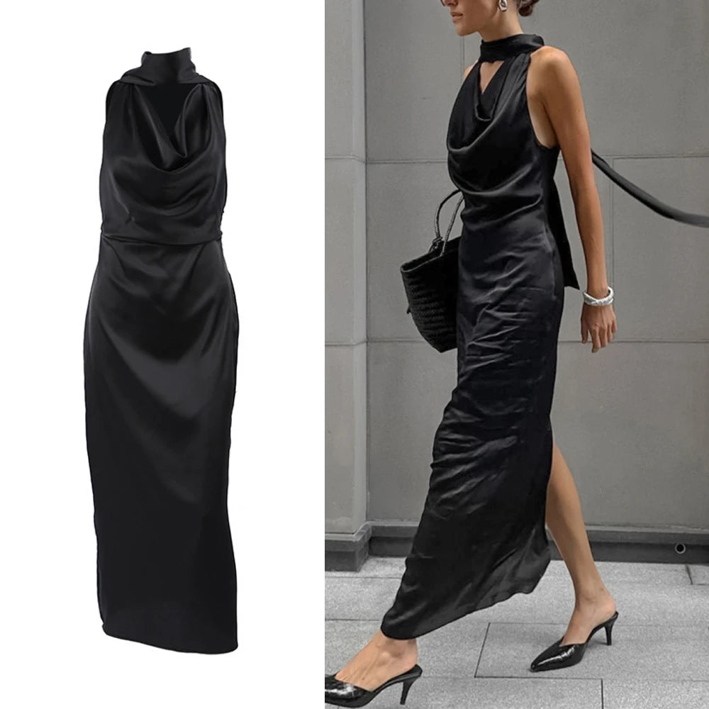 LIZAKOSHT  -  Black Satin Slit Neck Sleeveless Dress Matte Soft Bodycon Long Dress, Off Shoulder Zipper Tie Belt Elegant Party Gown