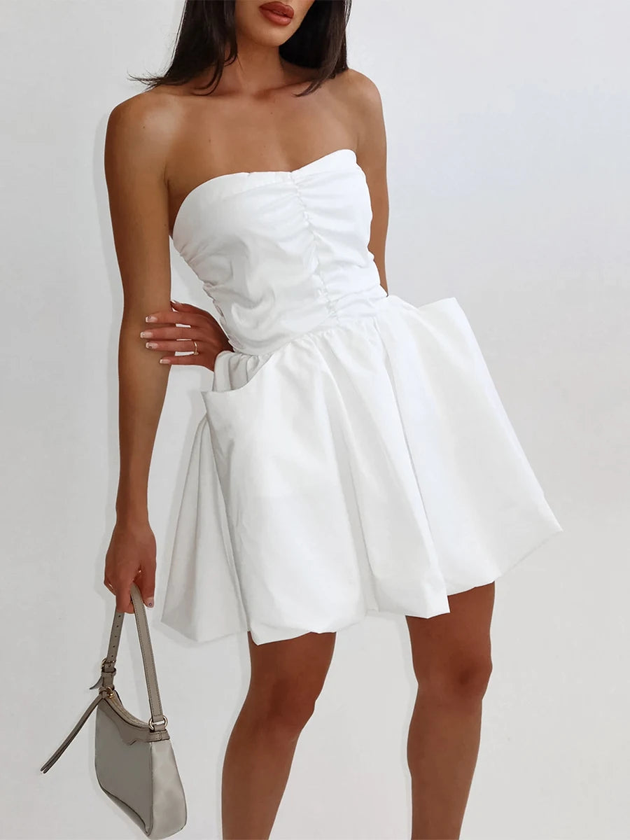 LIZAKOSHT  -  Women's Strapless Puffy Mini Dress Summer Backless Bubble A Line Dress Casual Party Cocktail Short Dress with Pocket