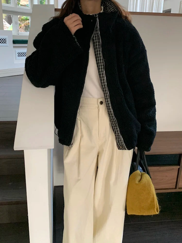 LIZAKOSHT  -  Retro Winter Cotton Jaet Women's Loose Long Sve Stand Collar Cheered Warm Coat Casual Versatile Two-Sided Wear