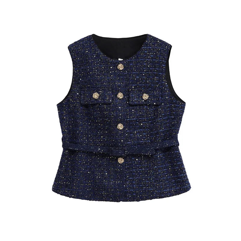 LIZAKOSHT  -  Autumn Belt Sleeveless Vest Shirt Women O Neck Patchwork Gold Button Cardigan Tops 2025 Street Elegant Casual Tank Top