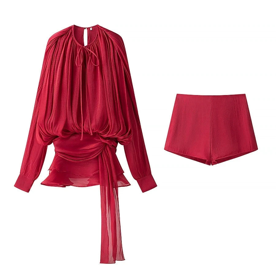 LIZAKOSHT  -  Women's Fashion Solid Color Dress Set Irregular Long Sleeveless A-line Leace-up Mini Dresses Shorts Two Piece Set Fashion Female