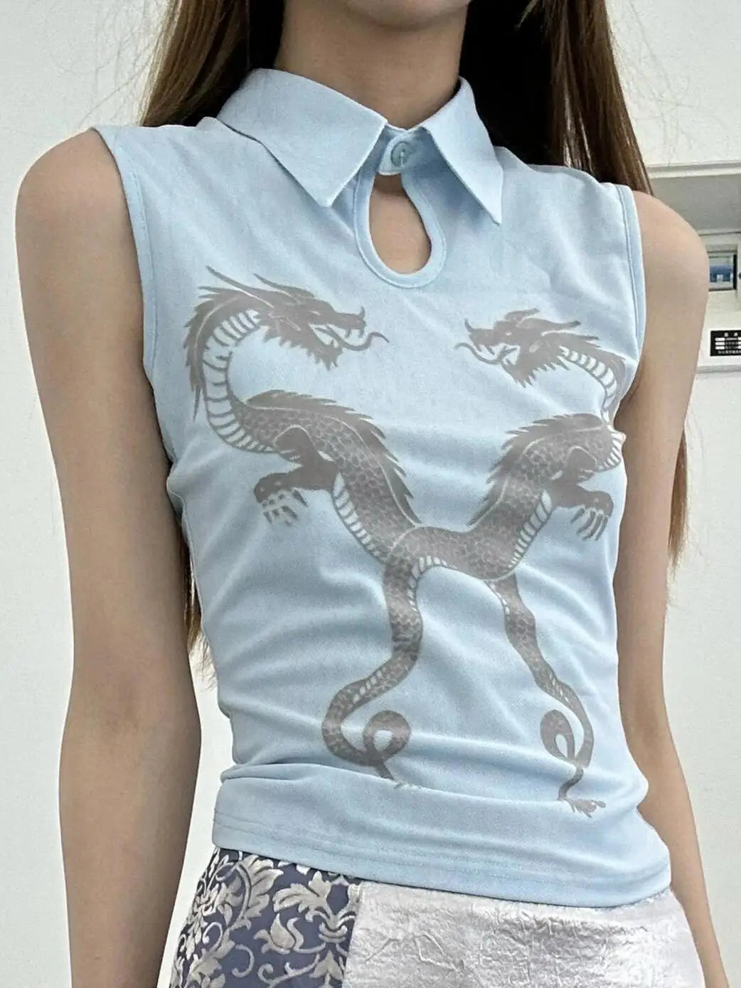LIZAKOSHT  -  Tank Tops Polo Collar Suspender Hollow New Chinese Mesh Double Dragon Flocking Slim Summer New Women'S Top Retro