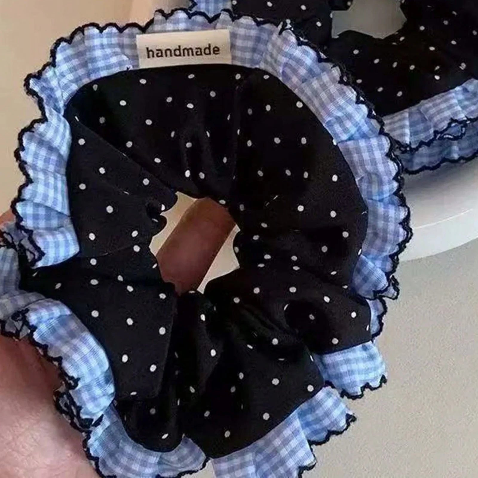 LIZAKOSHT  -  1PC Artistic-Style Blue Plaid & Polka Dot Lace Hair Scrunchie, Black Polka Dot Hair Scrunchie/Hair Tie/Hair Elastic for Top Knot