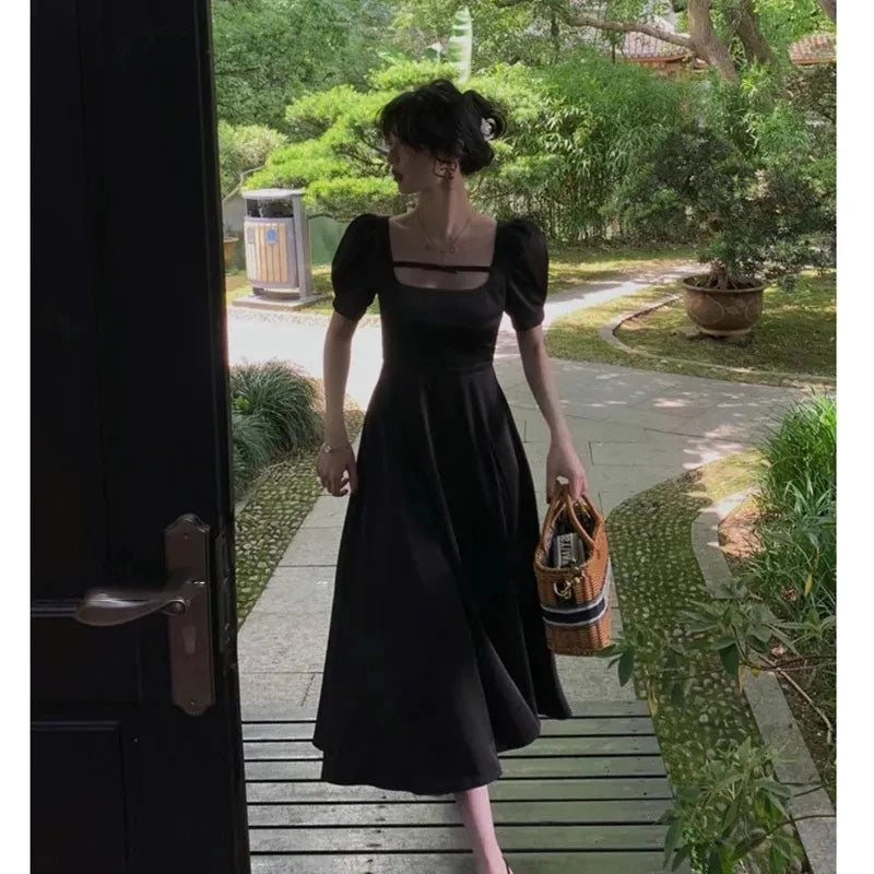 LIZAKOSHT  -  French Elegant Party Midi Dresses for Women New Summer Vintage Square Collar Short Sleeve Female Clothes Korean Black Dress