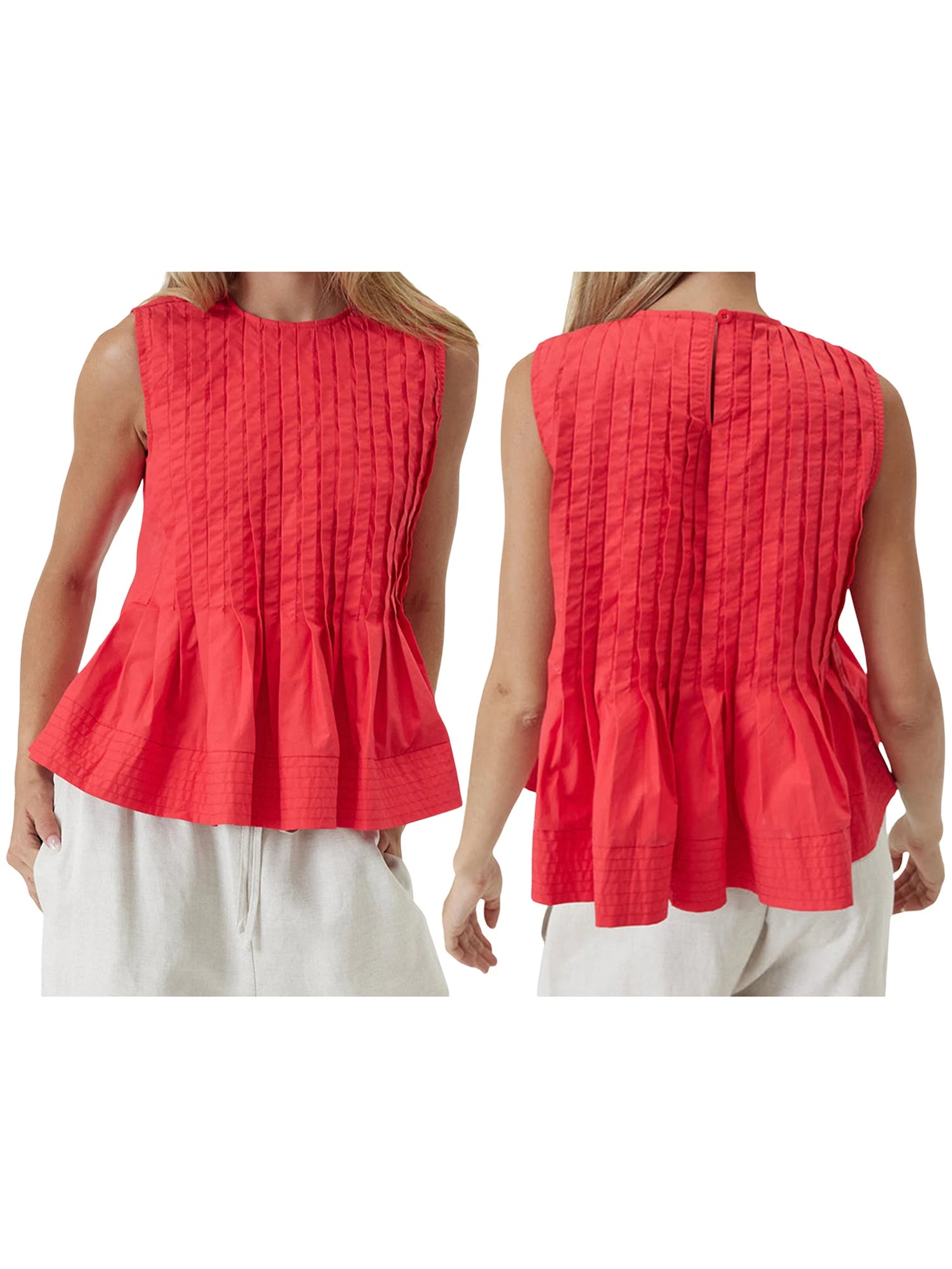 LIZAKOSHT  -  Women s Sleeveless Pleated Tank Top with Round Neck and Ruffled Hem - Solid Color Casual Summer Streetwear Shirt