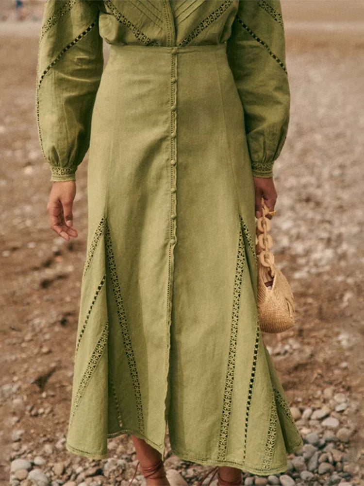 LIZAKOSHT  -  Hollow Out Green Long Skirt Set Embroidered Long Sleeved Shirt Single Breasted Elegant Half Body Fishtail Skirt Women's Clothing