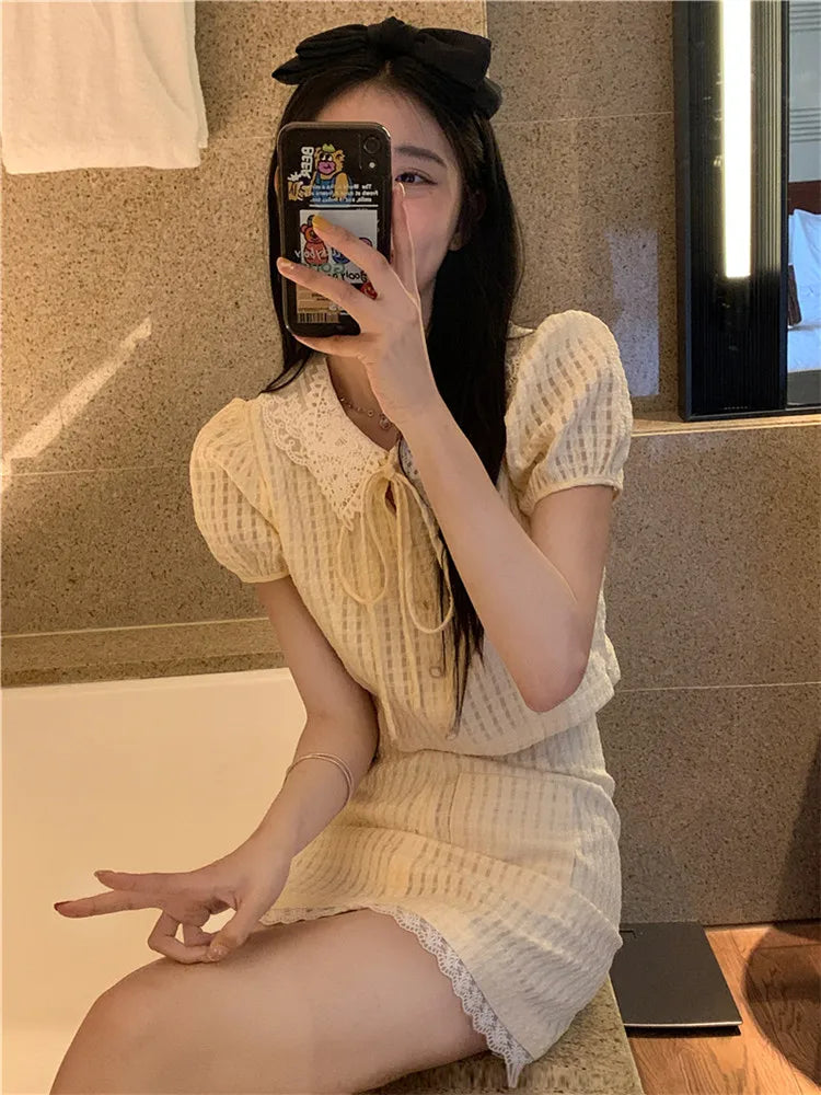 LIZAKOSHT  -  Summer Yellow Fashion 2 Piece Sets Cute Girl Short Puff Sleeve Lace Doll Collar Shirt Top&Mini Skirt 2pc Dress Suits