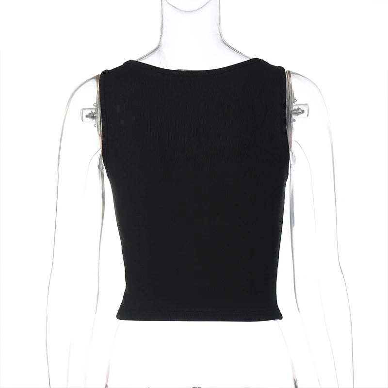 LIZAKOSHT  -  Trend Black Sexy Metal Eyelet Skinny U Collar Sleeveless Strap Short Vest Tank Tops Hottie Y2K Casual Rave Party Streetwear