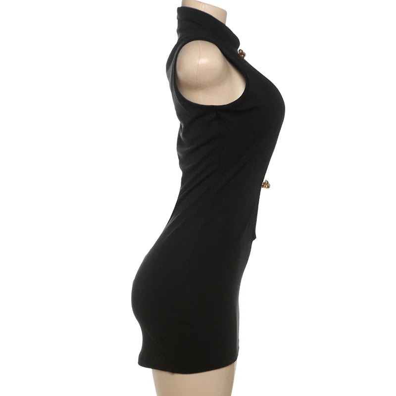 LIZAKOSHT  -  Fashion Metal Decoration Hollow Out Skinny Short Dress High Street Women Slim Sleeveless Stand Collar High Waisted Vestidos