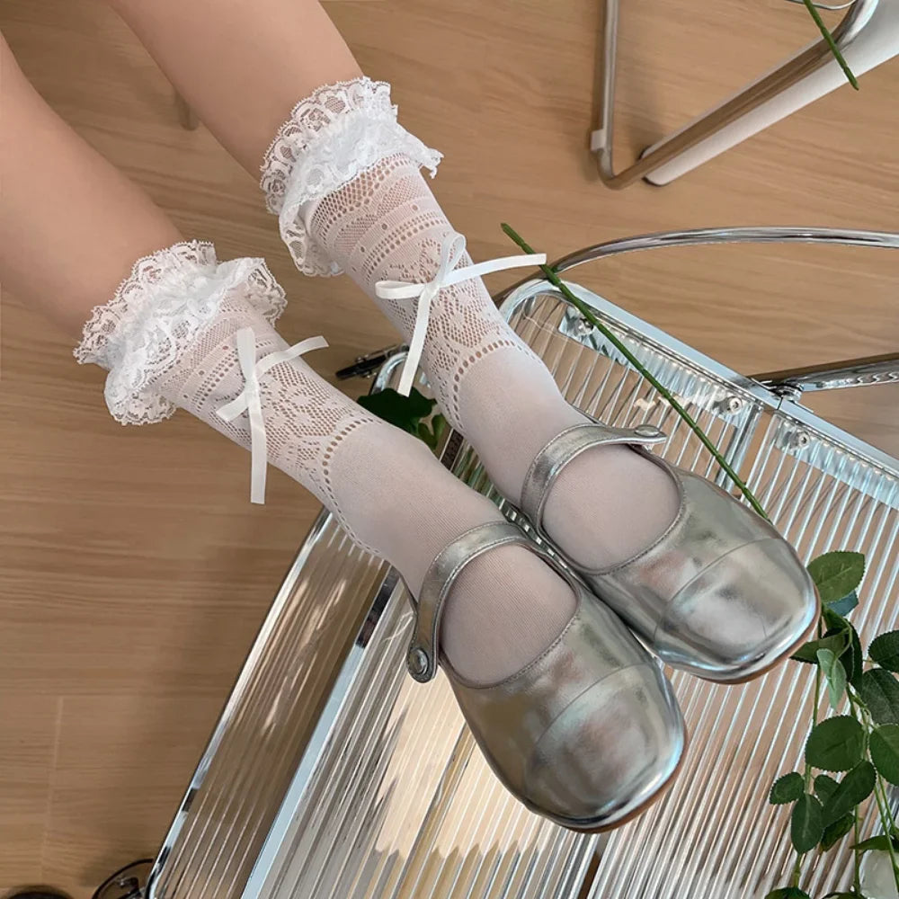 LIZAKOSHT -  Y2k Harajuku Lace Socks Ballet Style JK Lolita Sweet Girls Ruffles Socks Japanese Fashion Kawaii Bowknot Mesh Fishnet Cute Socks
