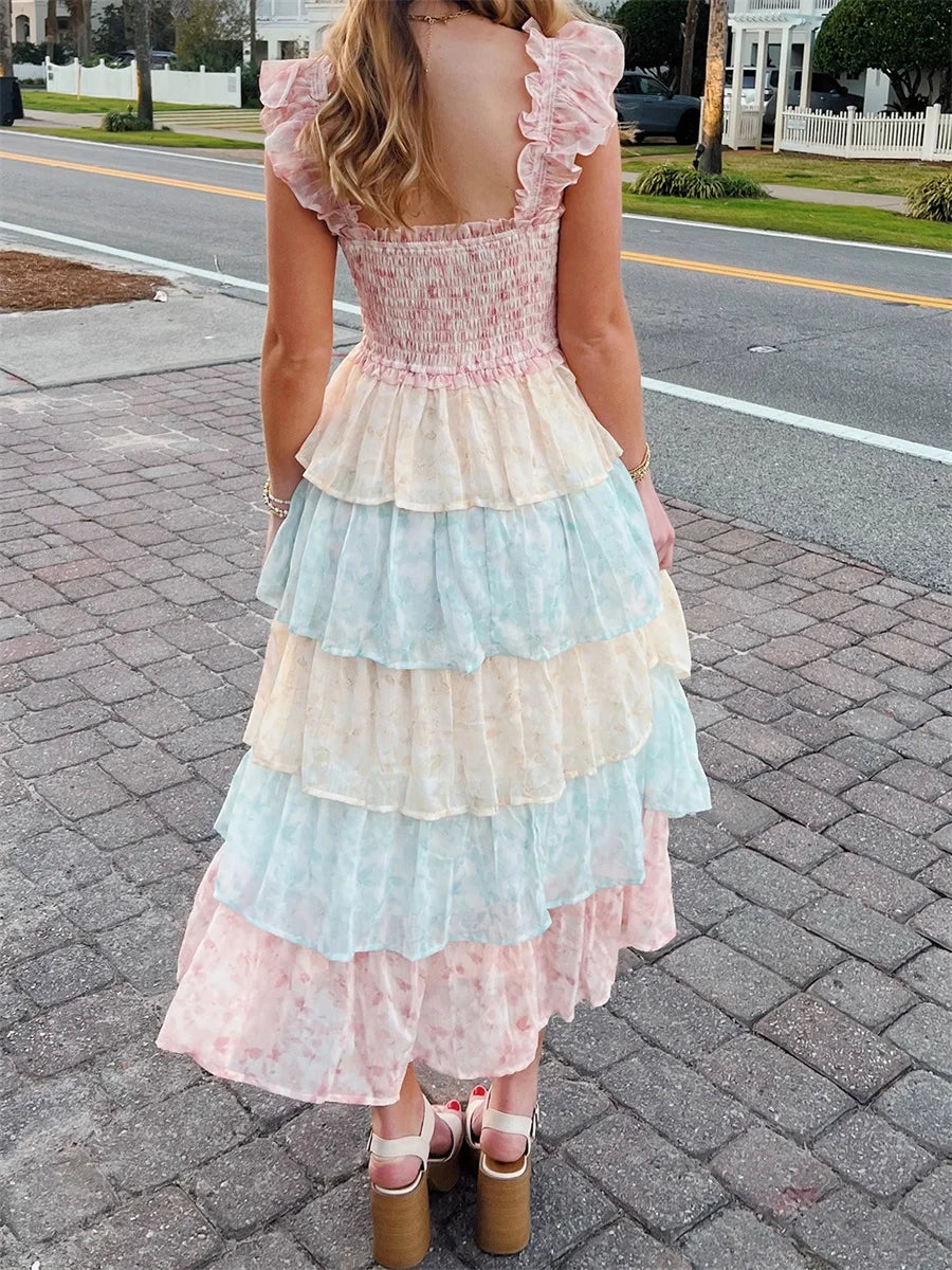 LIZAKOSHT  -  Women s Elegant Floral Print Chiffon Maxi Dress with Spaghetti Straps and A-Line Silhouette for Summer Beach Wedding Party