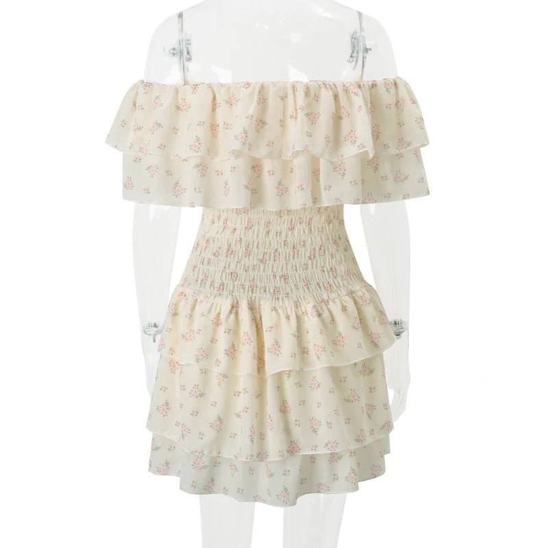 LIZAKOSHT  -  Off Shoulder Sexy Floral Print Mesh Bow Fashion A-line Bodycon Pleated Mini Dress Summer New Sweet Cute Party Vestidos