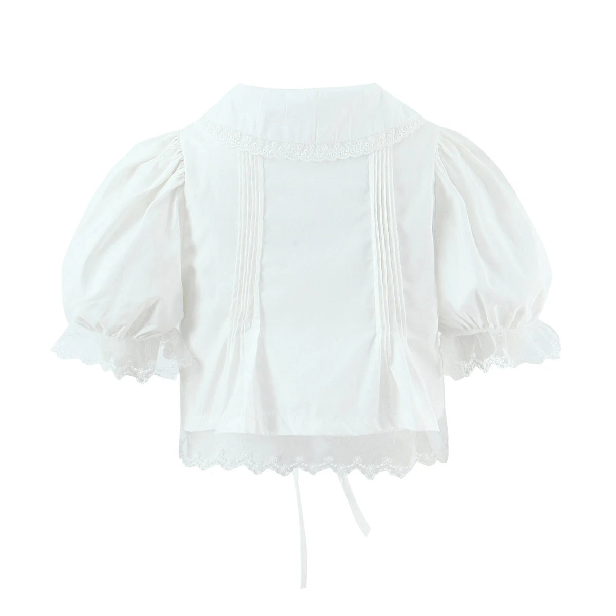 LIZAKOSHT  -  Stylish White Spliced Lace Short Puff Sleeve Shirt Women Peter Pan Collar Bow Hem Loose Crop Tops