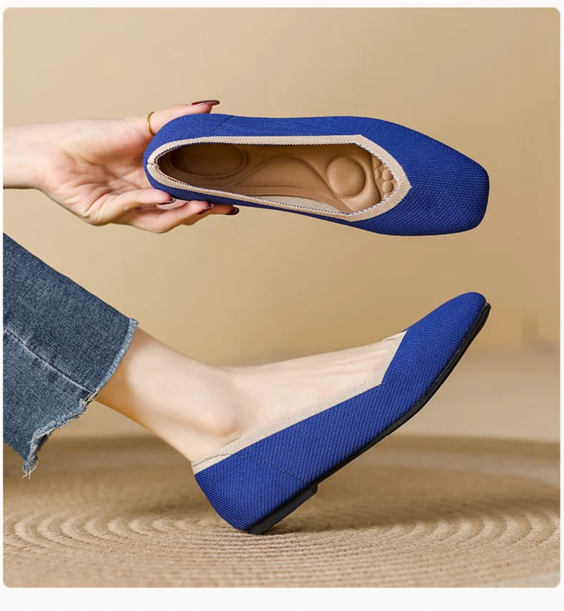 LIZAKOSHT  -  Women Spring Summer Comfort Fashion Knitting Fly Line Flat Shoes Luxury Shallow Mouth Square Toe Soft Sole Single Shoes