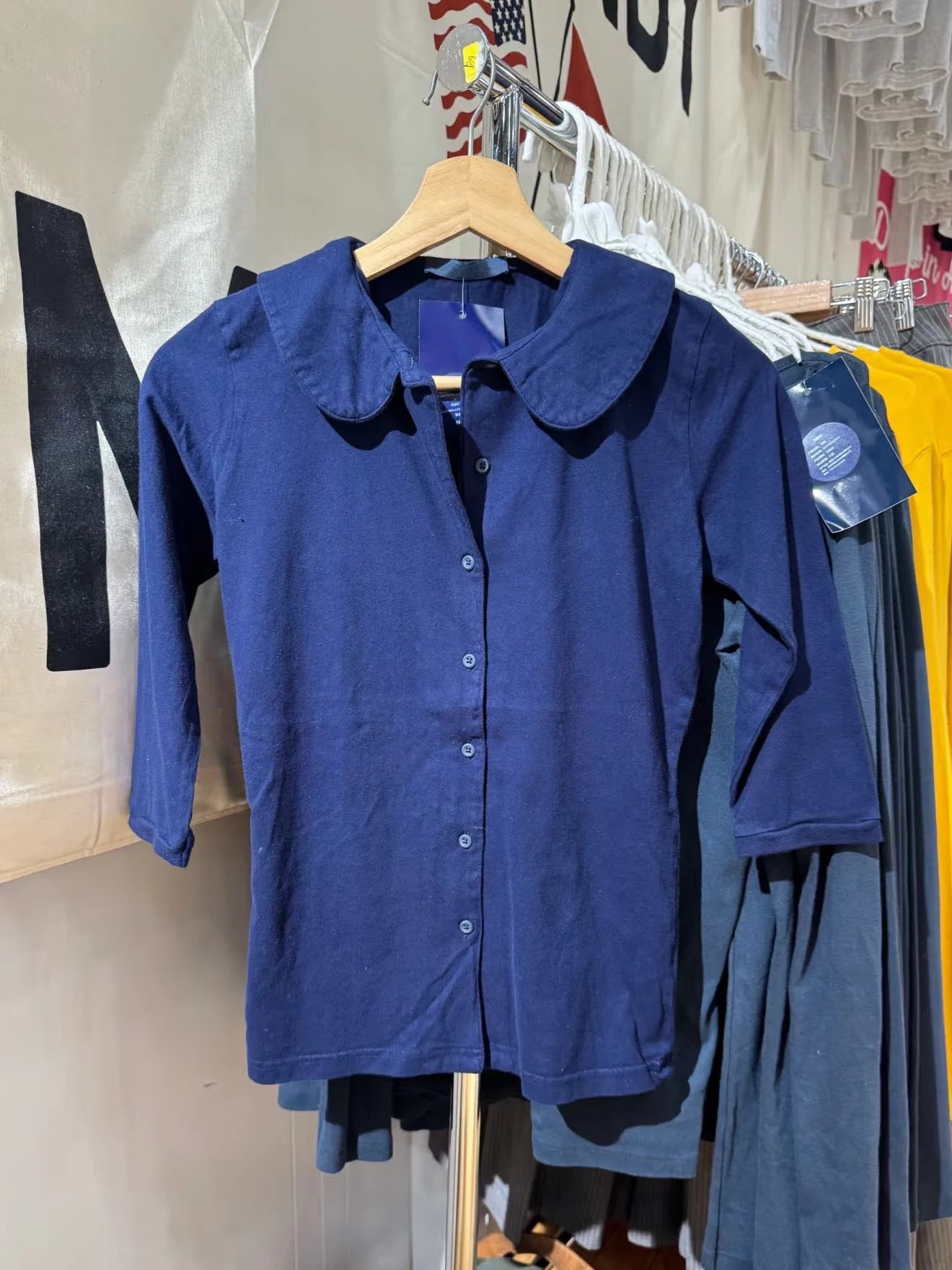 LIZAKOSHT  -  Navy Half Sleeve Slim T-shirt Autumn Peter pan Collar Single Breasted Cotton Tshirt Female Sweet Cute Preppy Style Woman's tee