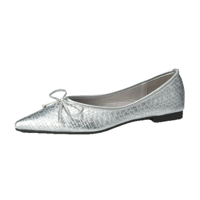 LIZAKOSHT  -  new designer leather waeved women flats bowtie slip on loafers silver plaid leather mocasines women working shoes size 42
