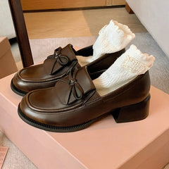 LIZAKOSHT  -  Retro Fashion Chunky Heel Loafers Women Bowknot Round Toe Comfort British Style Casual Soft Leather Shoes Zapatos De Mujer
