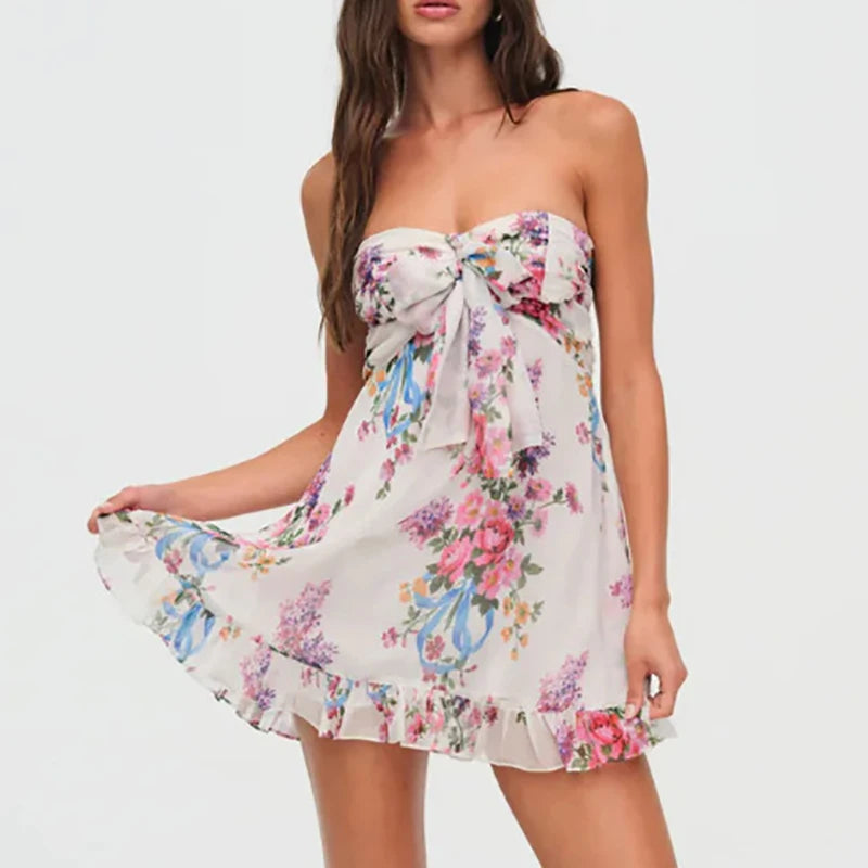 LIZAKOSHT  -  One Shoulder Mini Ruffles Dress Elegant Summer Floral Print Tie-up Party Dress Simple Women Backless Beach Dress New Sweet