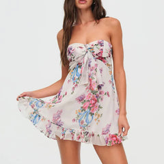 LIZAKOSHT  -  One Shoulder Mini Ruffles Dress Elegant Summer Floral Print Tie-up Party Dress Simple Women Backless Beach Dress New Sweet