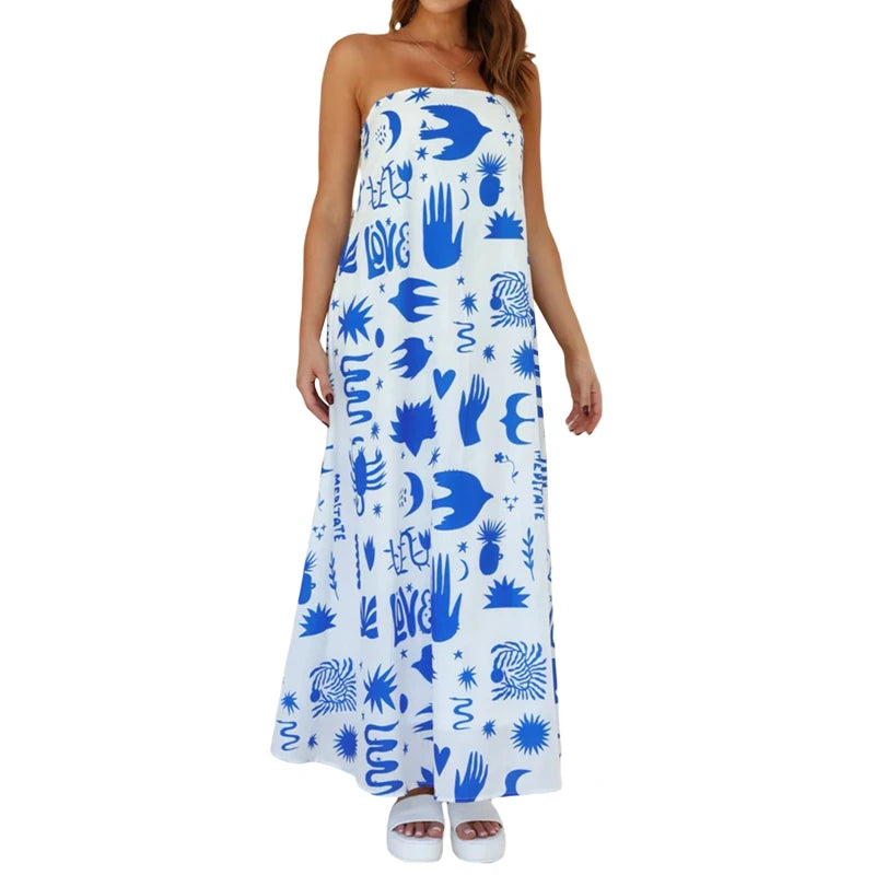 LIZAKOSHT  -  Women Graphic Strapless Long Tube Dress Vintage Off Shoulder Backless Maxi Dress Flowy Summer Holiday Beach A-line Dress
