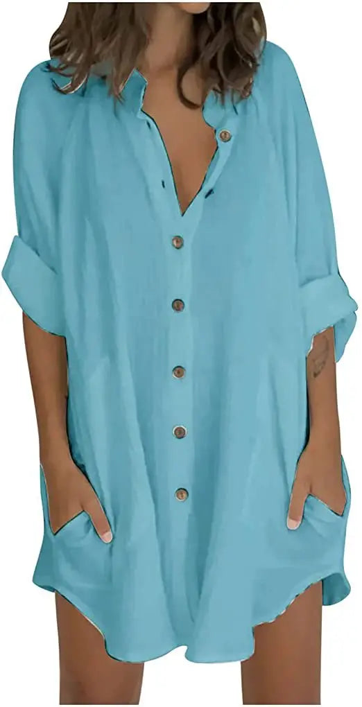 LIZAKOSHT  -  Women's Cotton Linen Nigthdress Single Breasted Summer Thin Ladies Home Dress Solid Comfortable Homewear Nightgown For Female