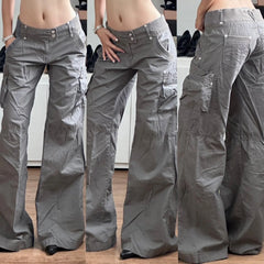 LIZAKOSHT  -  Chic Gray Cargo jeans Y2k Streetwear Casual Loose Denim Pants For Women Aesthetic 90s Low Waist Straight-leg Trousers