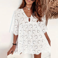 LIZAKOSHT  -  Womens Sexy Hollow Out Embroidery Lace Dress Spring Autumn Jacquard Crochet Party Dress Elegant V-neck Tie-up Loose Mini Dresses