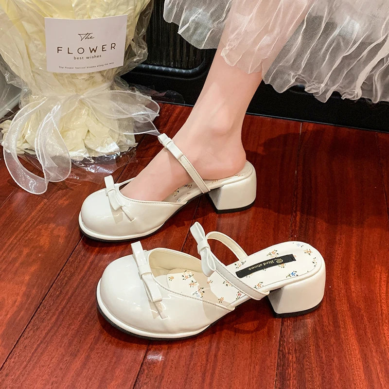 LIZAKOSHT  -  Summer Butterfly-knot Cover Toe Women Slippers Elegant Thick Heel Dress Slides Ladies Concise Slingback Dress Sandals Mule Shoes