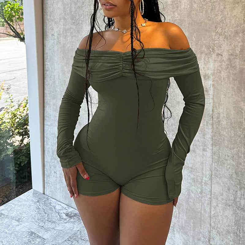 LIZAKOSHT  -  Off Shoulder Long-sleeved Solid Ruched Bodycon Romper Fashion Autumn Women Skinny Slash Neck One Piece Onesies Clubwear Outfits