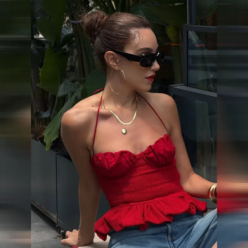 LIZAKOSHT  -  Red Halter Backless Ruffle Crop Top Women Ruched Bust Frill Hem Slim Fit Summer Casual Y2K Sleeveless Camisole for Beach Date