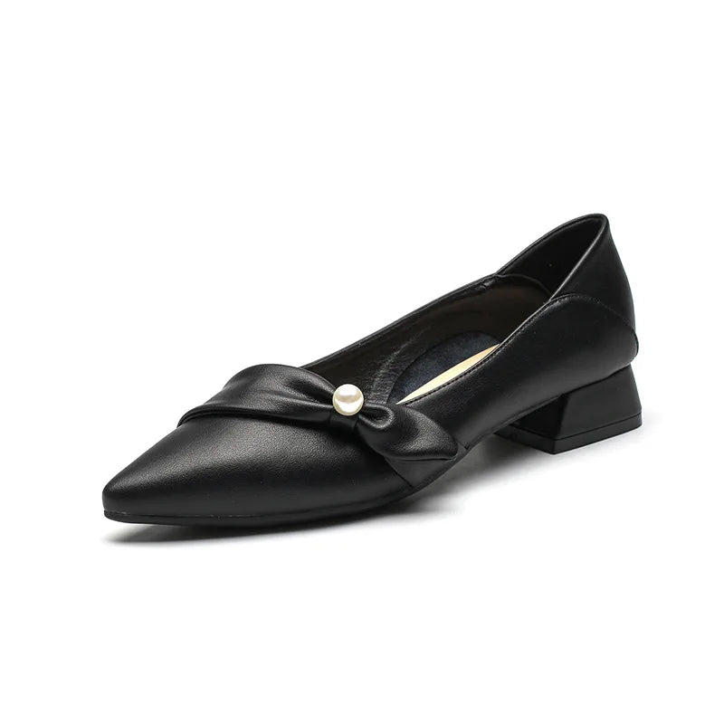 LIZAKOSHT  -  spring leather bow band flat shoes woman pointed toe pearl decoration slip on loafers two wears pleated ballet flats for women