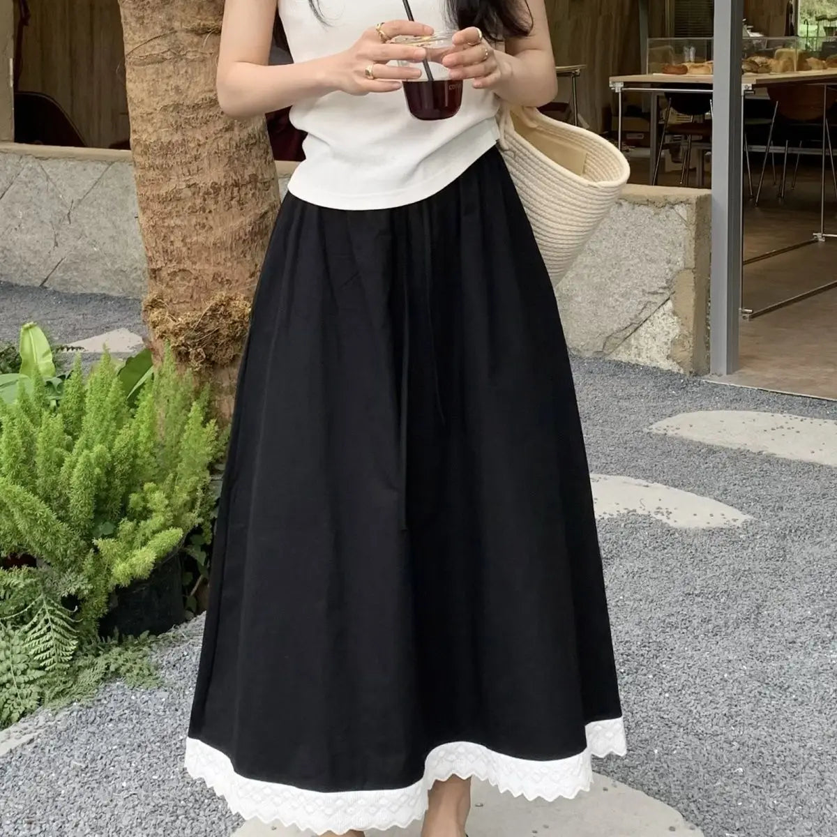 LIZAKOSHT  -  Fresh and Fashionable Lace Lace Splicing Half Skirt Summer New Versatile Loose High Waist Long Skirt