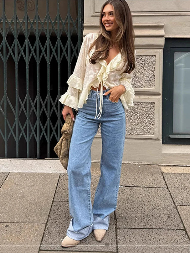 LIZAKOSHT  -  Chic Cascading Ruffle Top For Women V-neck Long Sleeve Hollow Out Lace Up Transparent Shirt 2025 Summer Female Casual Outerwear