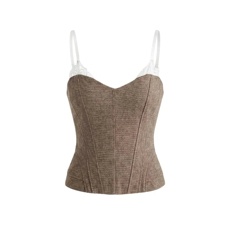 LIZAKOSHT  -  Women Wool Lace Corset Inspired Bustier  Lined Bodice Asymmetric Lace Trimmed Top