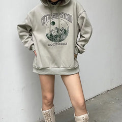 LIZAKOSHT  -  Hooded Printed Strappy Sweatshirt American Campus Style Women'S Pullover Outer Wear Loose Slimming Hot Girl Top