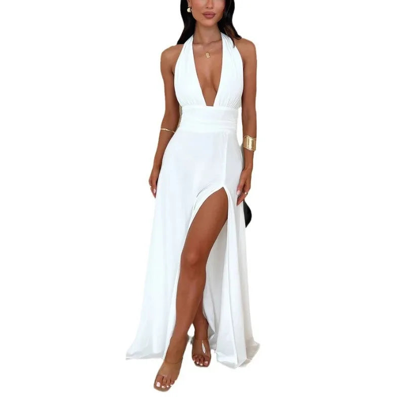 LIZAKOSHT  -  New Hanging Neck V-neck Strap Backless Slit Dress Temperament Long Skirt One-step Skirt for Women