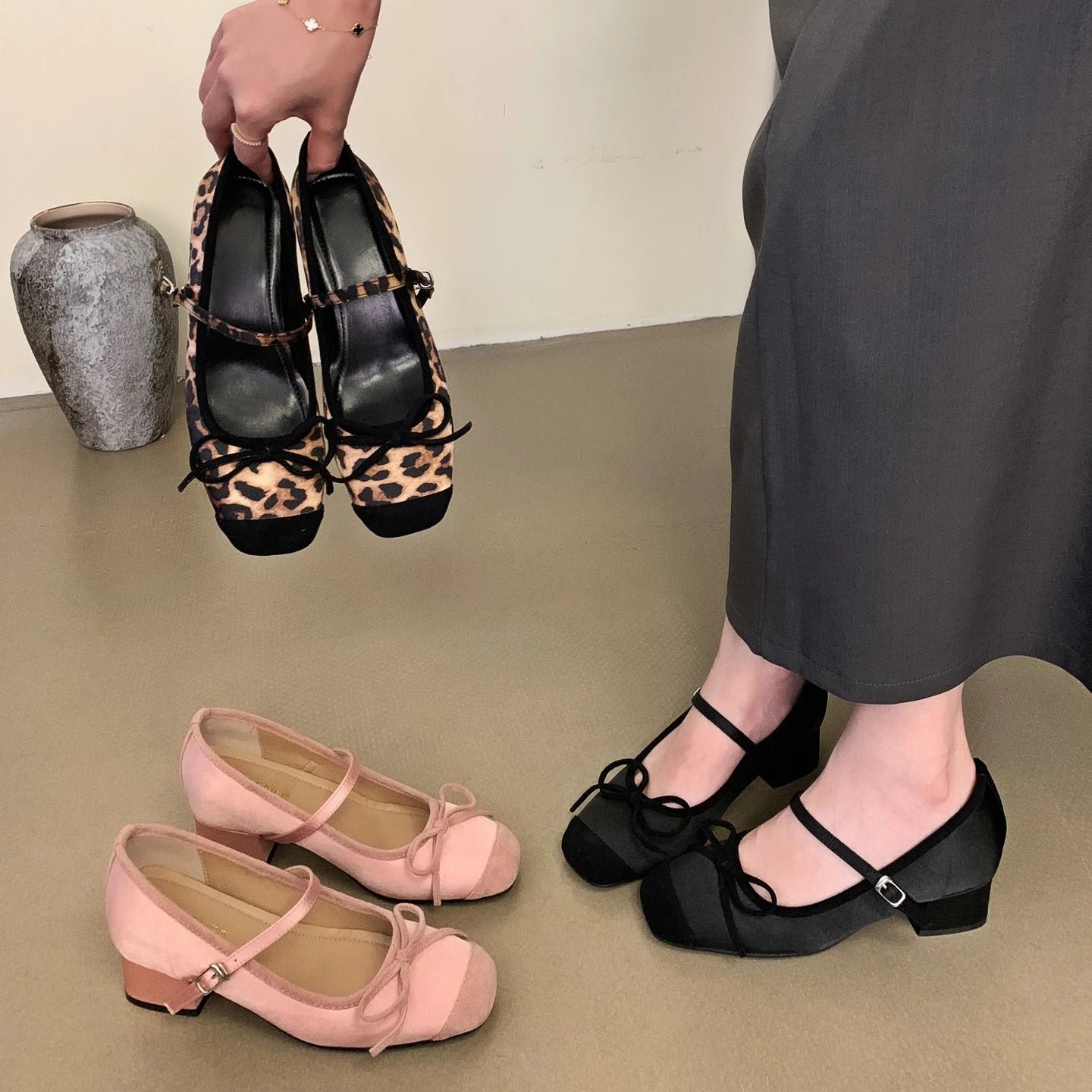 LIZAKOSHT  -  Leopard Print Square Toe Bow Mary Jane Shoes Woman Fashion Pumps Female Casual Chunky Heel Ballet Shoe Designer High Heels Women