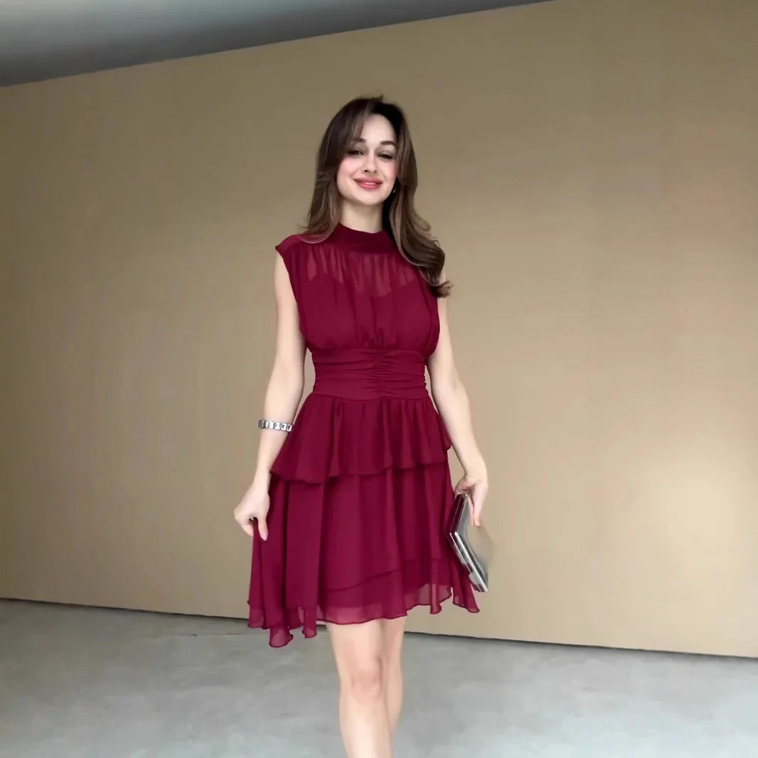 LIZAKOSHT  -  2026 Spring New Pure Desire Wind Coffee Break French Round Neck Waist Elegant Dress