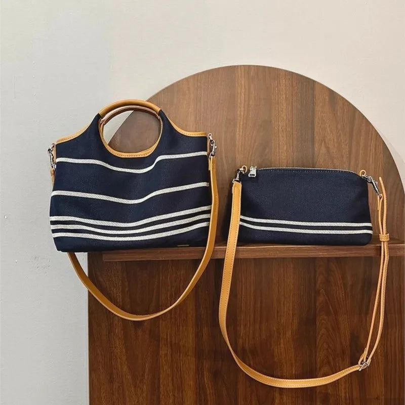 LIZAKOSHT  -  Retro Blue Stripe Handbag Women Color Block Large Capacity Shoulder Bags Ladies Fashion Casual Versatile Commute Crossbody Bags