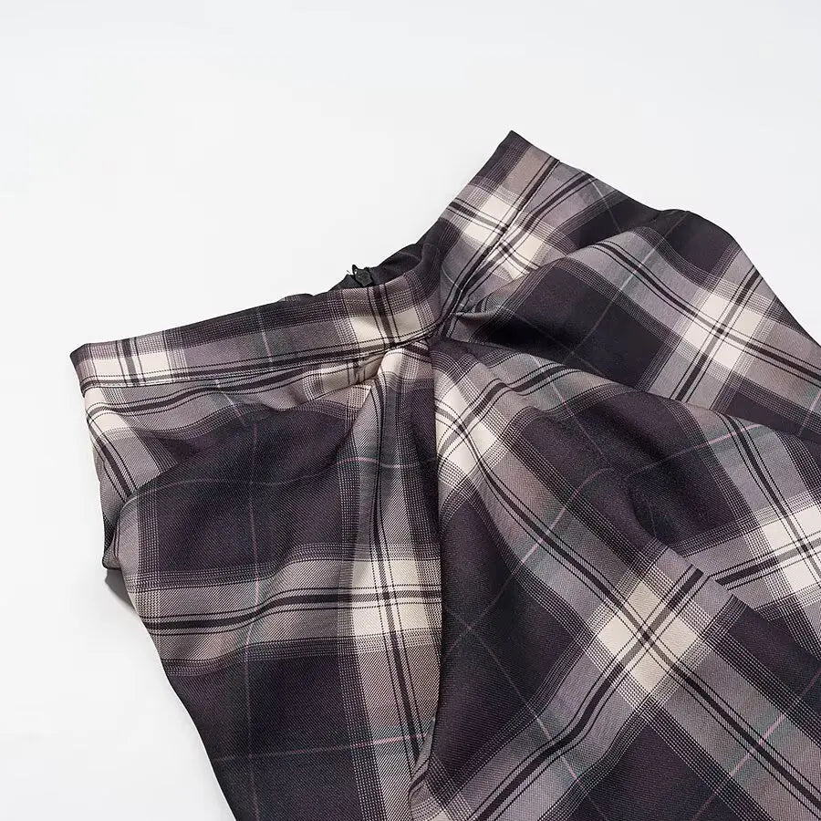 LIZAKOSHT  -  New Elegant Irregular Ruched Plaid Print Skirts Chic Patchwork Zip-up Midi Women Skirts Ladies Commute Skirts Streetwear
