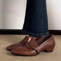 LIZAKOSHT  -  Vintage Square Toe Block Heel Loafers for Women Leather Buckle Pumps Retro Commuter Slip On Dress Shoes Office Ladies Footwear
