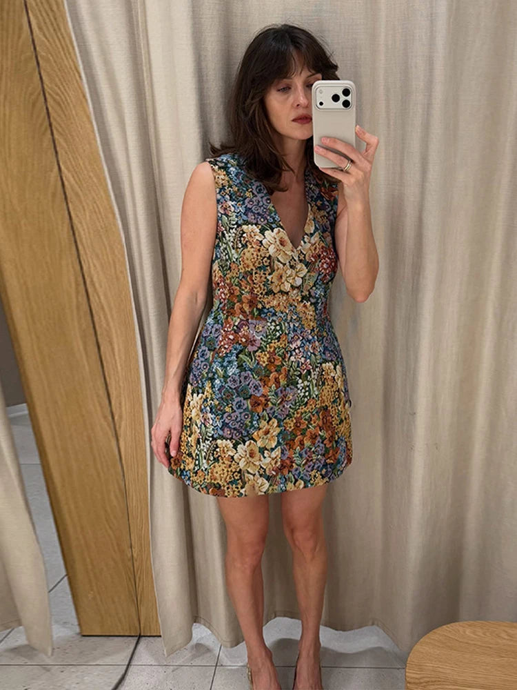 LIZAKOSHT  -  Vintage Print Mini Dress Women Mixed Floral Midi Dresses Sleeveless V Neck Button Front A Line Dress Summer Vacation Clothes