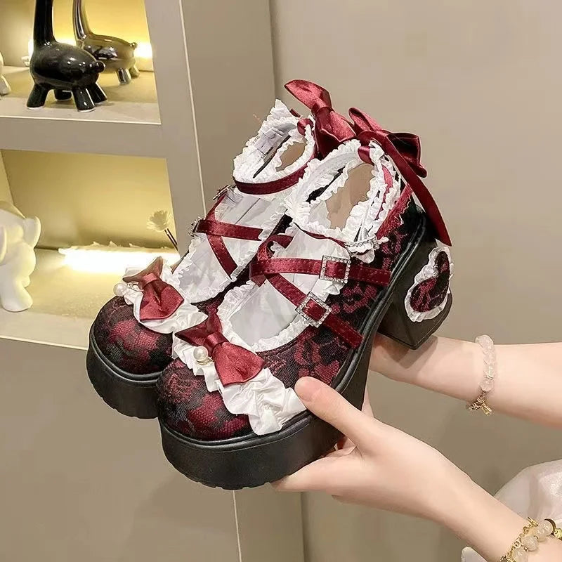 LIZAKOSHT  -  New Princess Shoes with Elegant Temperament Soft Sole Lace Lolita Original Thick Heel Height Increasing Mary Jane Single Shoe