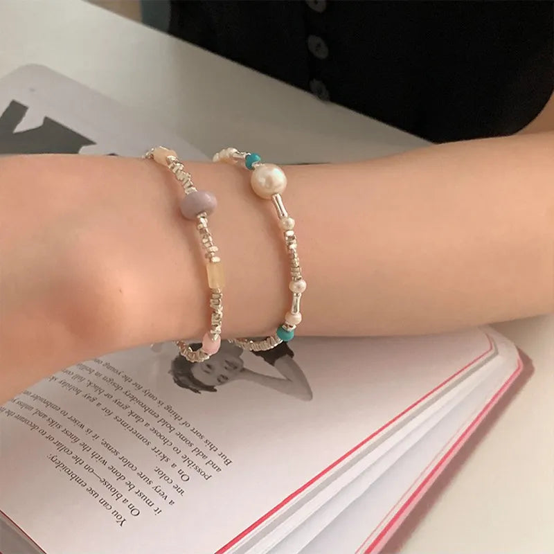 LIZAKOSHT Silver Pearl Handmade Geometry Bracelet for Women Girl Beading Korean Ins Jewelry Gift