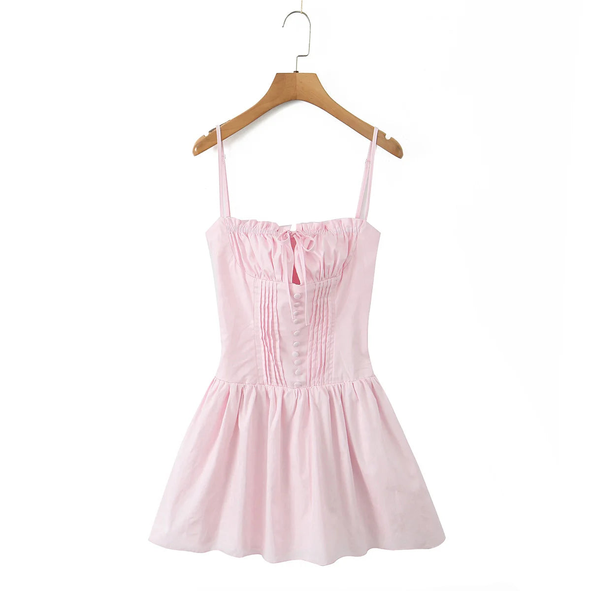 LIZAKOSHT  -  Summer Women Pink Bow Ruched Chest Corset Style Sling Dress Front Buttons Pleated Low Waist Ball Gown Swing Short Dresses Robe